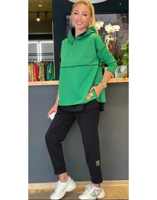 Kadın Yeşil Kapşonlu Etek Ucu Detay Arma Ters Dikiş Gorunumlu Ikili Takım