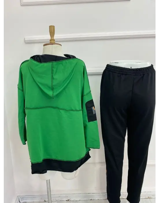 Kadın Yeşil Kapşonlu Etek Ucu Detay Arma Ters Dikiş Gorunumlu Ikili Takım