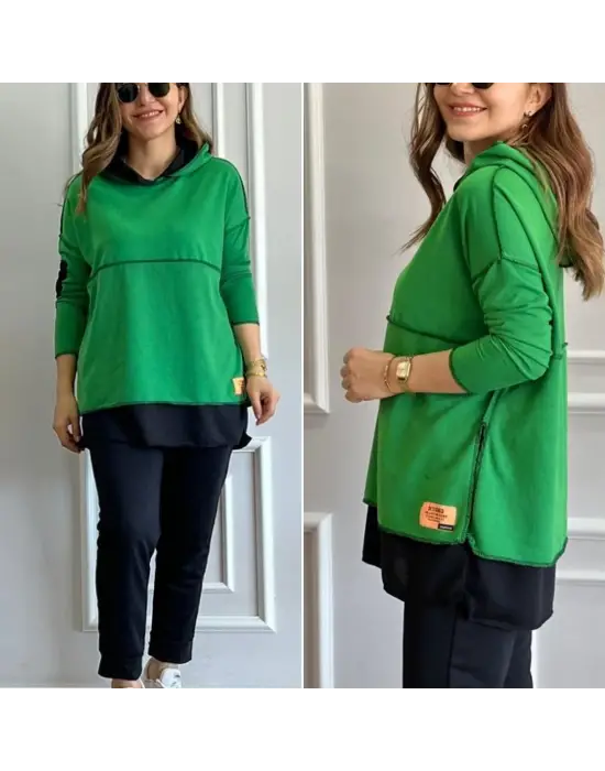 Kadın Yeşil Kapşonlu Etek Ucu Detay Arma Ters Dikiş Gorunumlu Ikili Takım