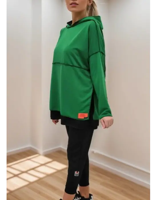 Kadın Yeşil Kapşonlu Etek Ucu Detay Arma Ters Dikiş Gorunumlu Ikili Takım