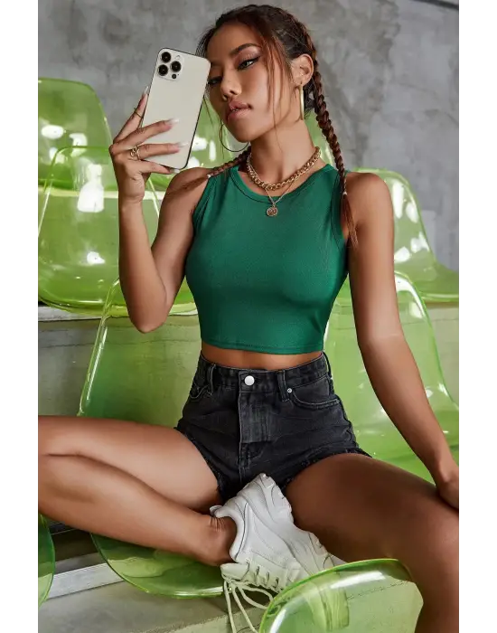 Omarı Yeşil Kare Yaka Crop Top Bluz