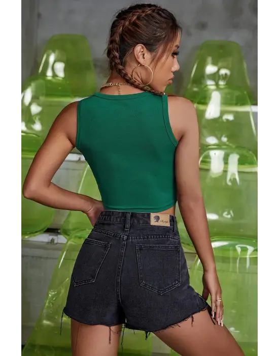 Omarı Yeşil Kare Yaka Crop Top Bluz