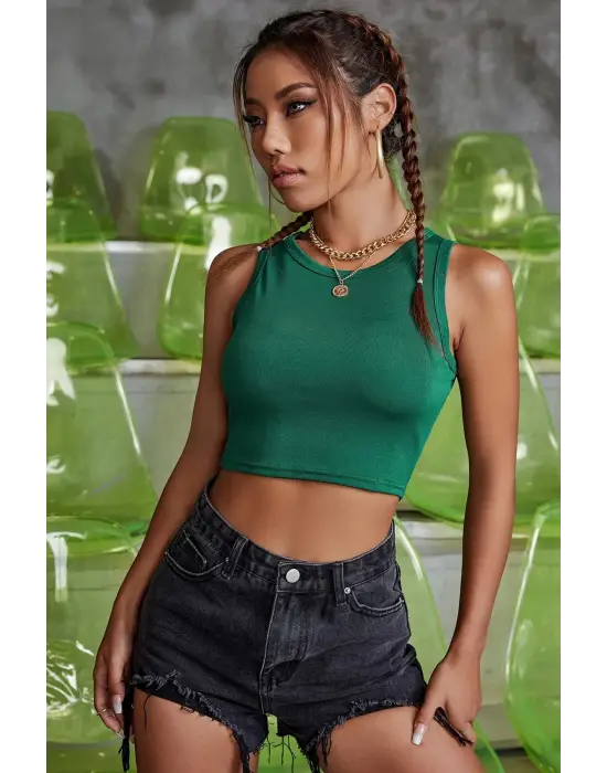 Omarı Yeşil Kare Yaka Crop Top Bluz