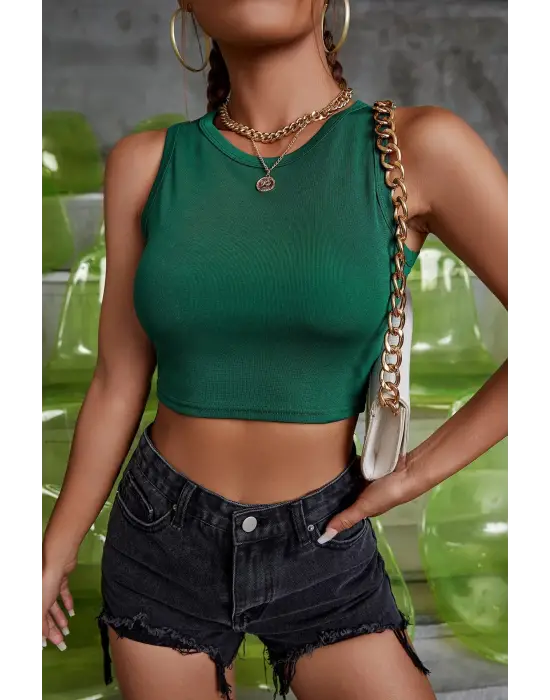 Omarı Yeşil Kare Yaka Crop Top Bluz