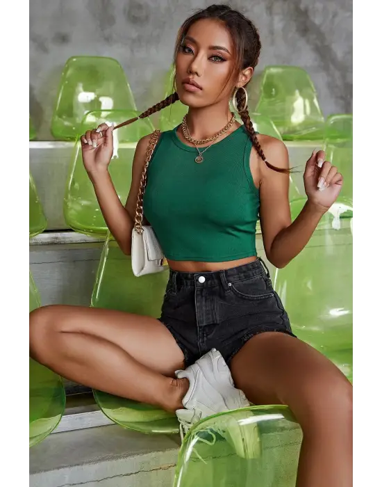 Omarı Yeşil Kare Yaka Crop Top Bluz