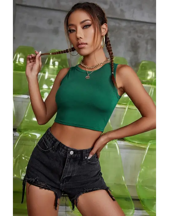 Omarı Yeşil Kare Yaka Crop Top Bluz