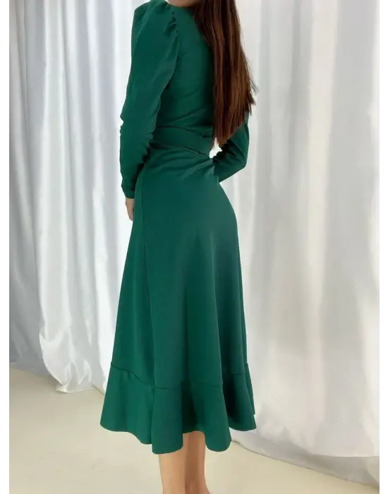 Kadın Yeşil Krep Kumaş Midi Boy Kuşaklı Uzunkol Elbise