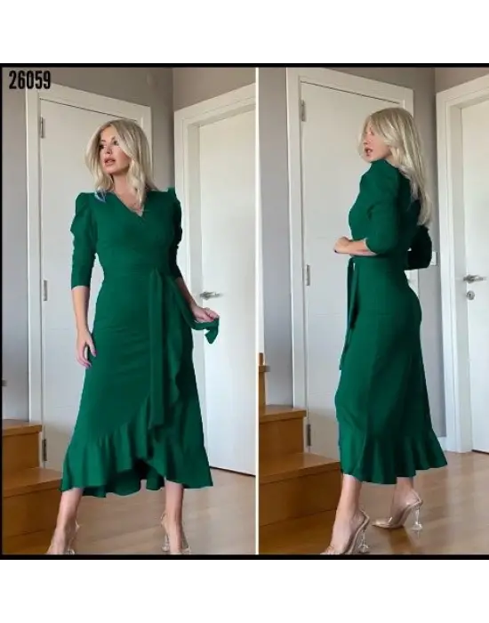Kadın Yeşil Krep Kumaş Midi Boy Kuşaklı Uzunkol Elbise