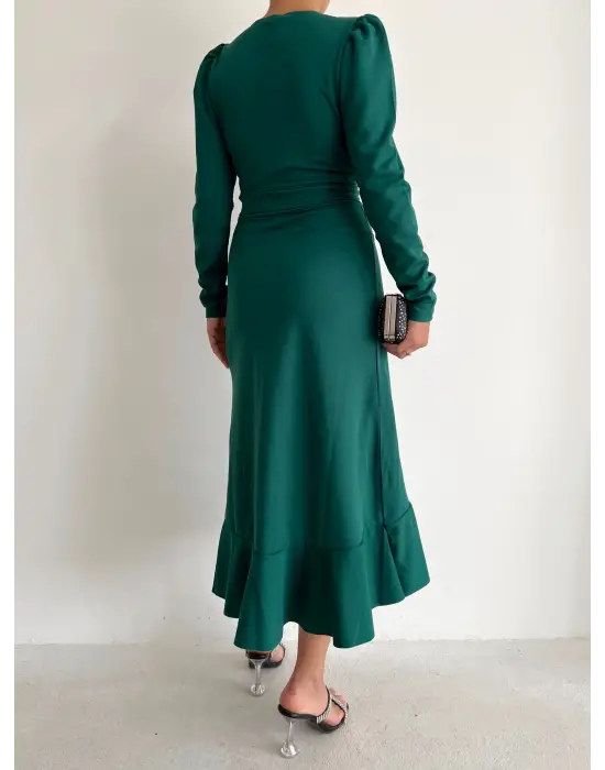 Omarı Yeşil Krep Kumaş Midi Boy Elbise