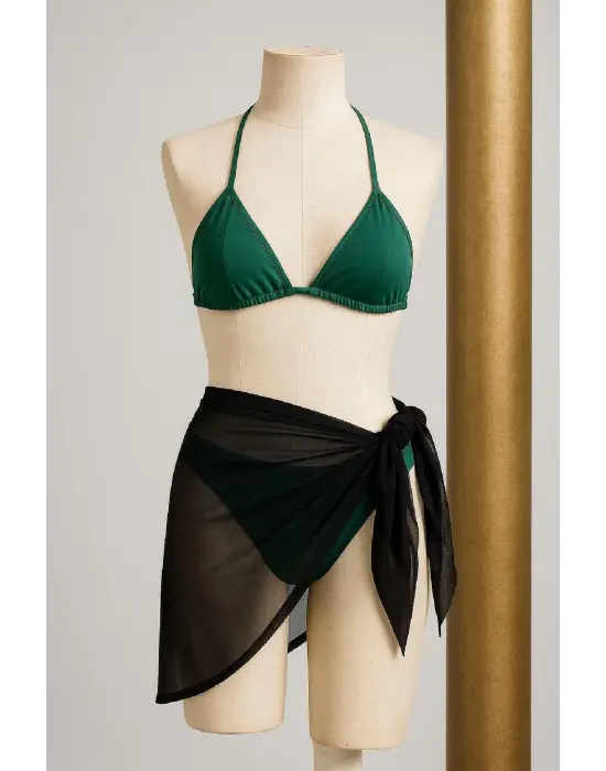 Omarı Yeşil Siyah Yandan Bağlamalı Bikini Seti