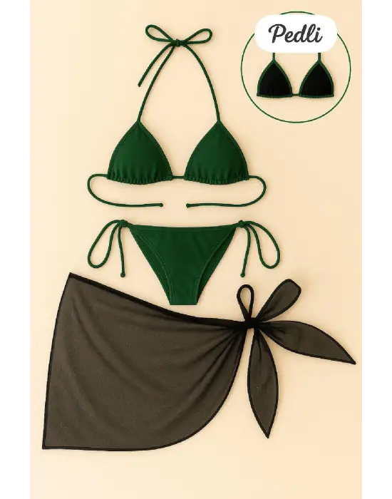 Omarı Yeşil Siyah Yandan Bağlamalı Bikini Seti