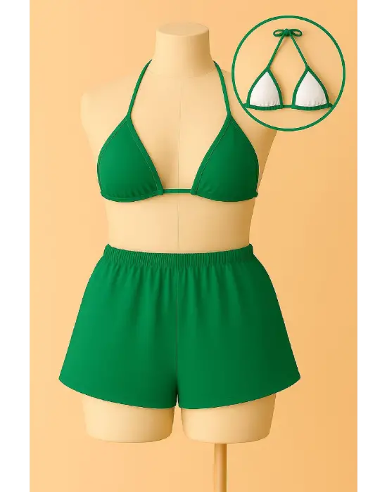 Omarı Yeşil Şortlu Bağlamalı Bikini Takımı