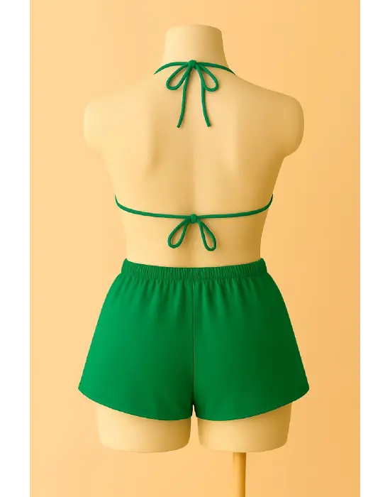 Omarı Yeşil Şortlu Bağlamalı Bikini Takımı
