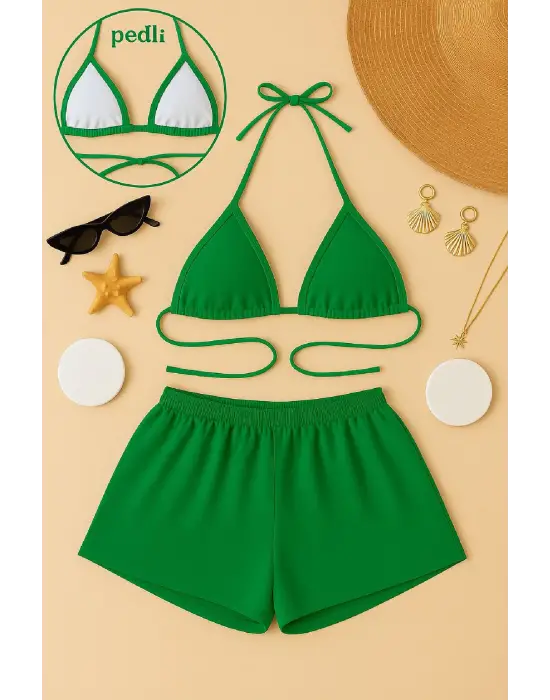 Omarı Yeşil Şortlu Bağlamalı Bikini Takımı