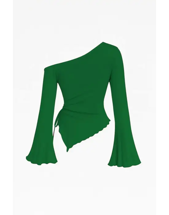 Kadın Yeşil Uzun İspanyol Kollu Asimetirik Yaka Yandan Bağlamalı Drapeli Bluz