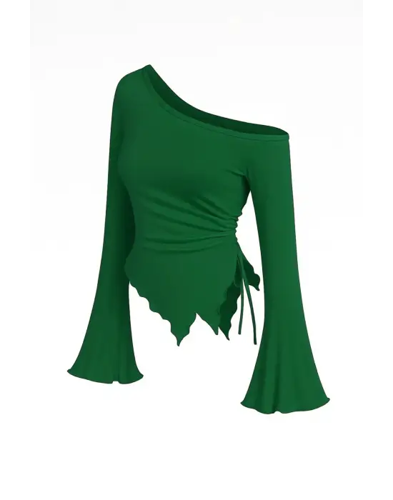 Kadın Yeşil Uzun İspanyol Kollu Asimetirik Yaka Yandan Bağlamalı Drapeli Bluz