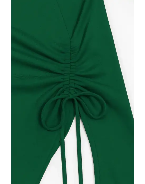 Kadın Yeşil Uzun İspanyol Kollu Asimetirik Yaka Yandan Bağlamalı Drapeli Bluz