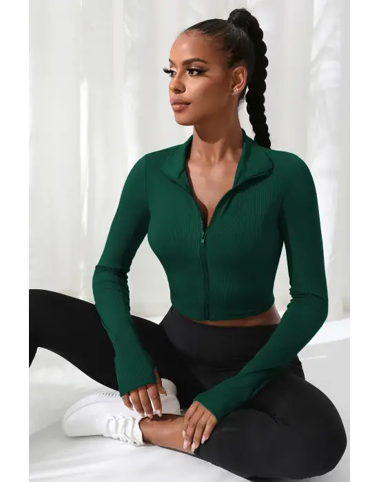 Omarı Yeşil Fermuarlı Crop Top Bluz