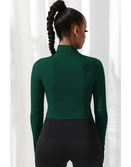 Omarı Yeşil Fermuarlı Crop Top Bluz