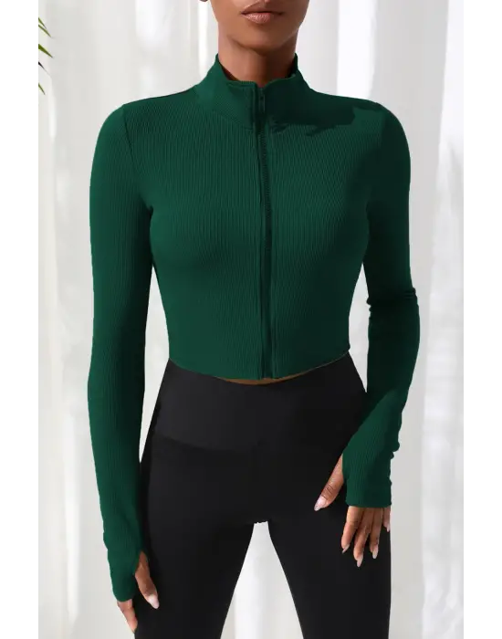 Omarı Yeşil Fermuarlı Crop Top Bluz