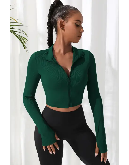 Omarı Yeşil Fermuarlı Crop Top Bluz