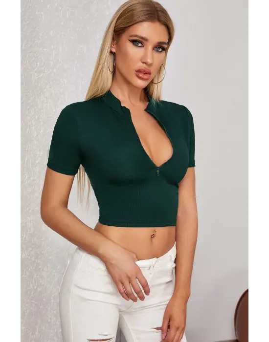 Omarı Yarım Fermuarlı Yeşil Crop Top Bluz