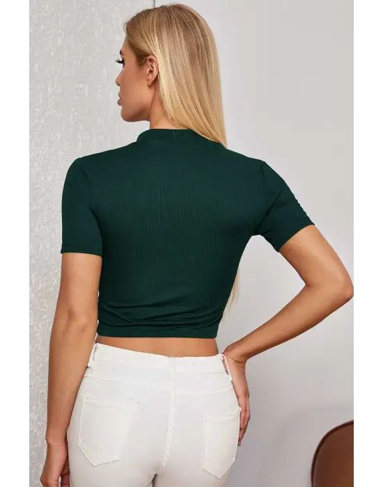 Omarı Yarım Fermuarlı Yeşil Crop Top Bluz