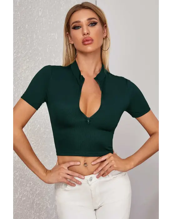 Omarı Yarım Fermuarlı Yeşil Crop Top Bluz