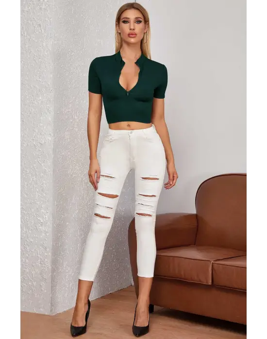 Omarı Yarım Fermuarlı Yeşil Crop Top Bluz