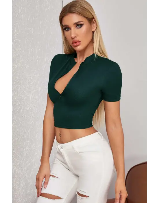 Omarı Yarım Fermuarlı Yeşil Crop Top Bluz