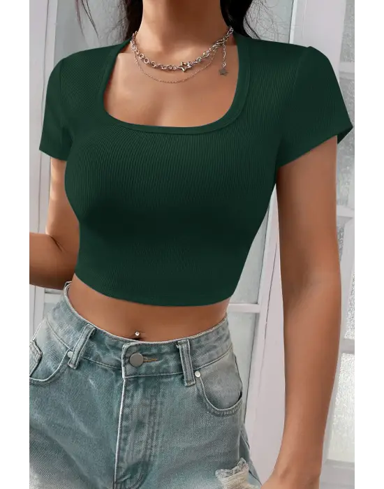 Omarı Yeşil Yarım Kol Crop Top Bluz