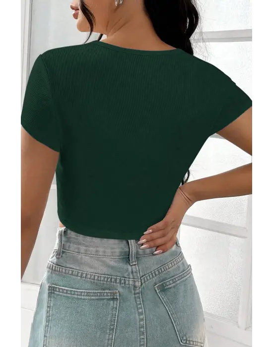 Omarı Yeşil Yarım Kol Crop Top Bluz