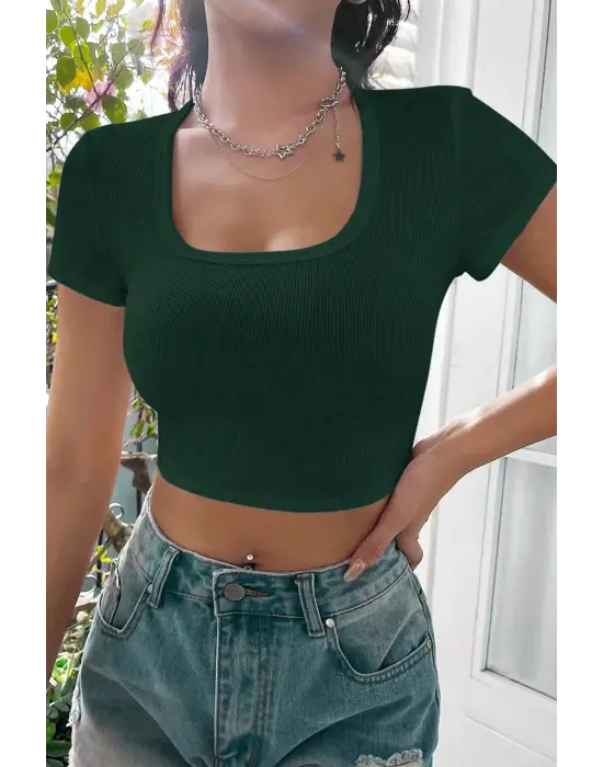 Omarı Yeşil Yarım Kol Crop Top Bluz
