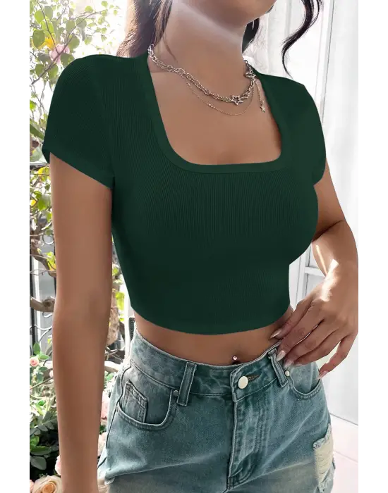 Omarı Yeşil Yarım Kol Crop Top Bluz