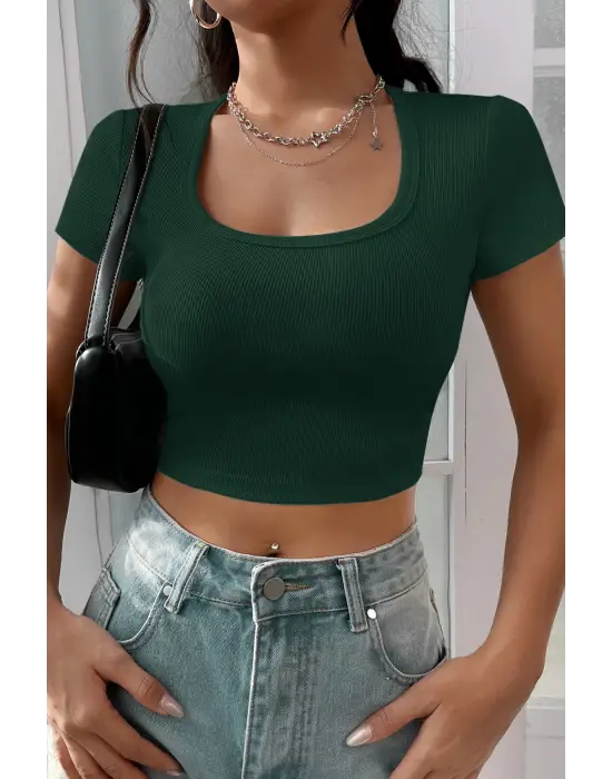 Omarı Yeşil Yarım Kol Crop Top Bluz