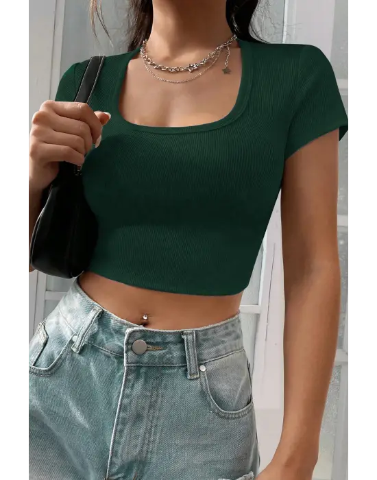 Omarı Yeşil Yarım Kol Crop Top Bluz