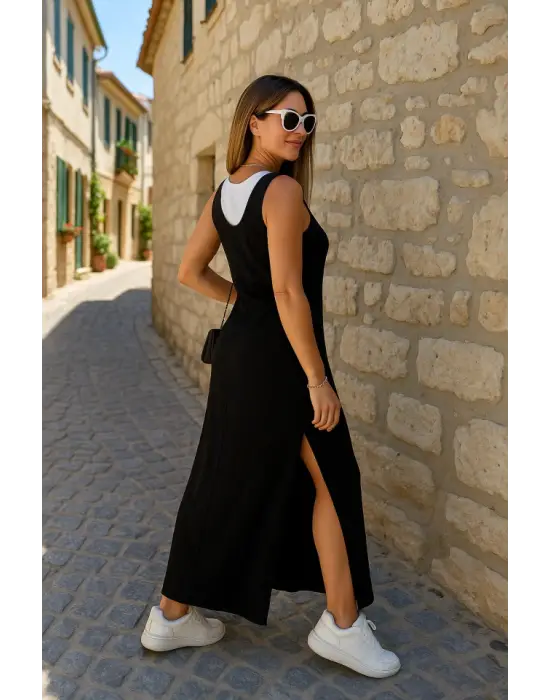 Kadın Yırtmaç Detaylı Viskon Kumaş Maxi Boy Cepli Iç Dahil Ikili Elbise