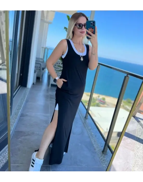 Kadın Yırtmaç Detaylı Viskon Kumaş Maxi Boy Cepli Iç Dahil Ikili Elbise