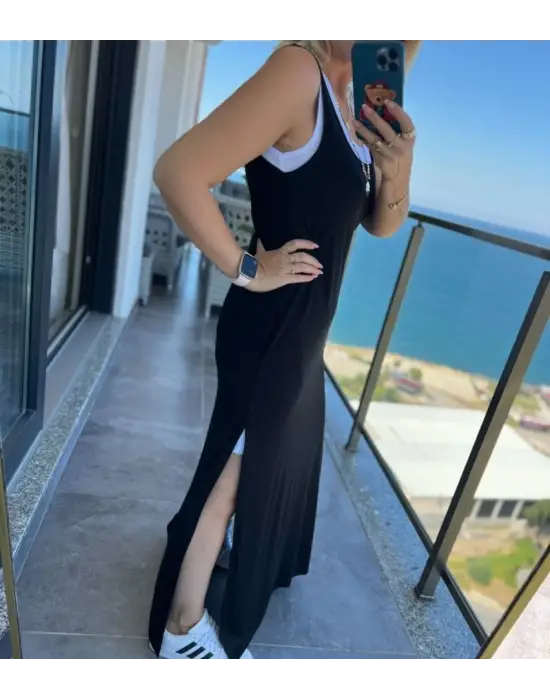 Kadın Yırtmaç Detaylı Viskon Kumaş Maxi Boy Cepli Iç Dahil Ikili Elbise