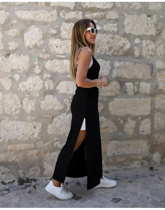 Kadın Yırtmaç Detaylı Viskon Kumaş Maxi Boy Cepli Iç Dahil Ikili Elbise