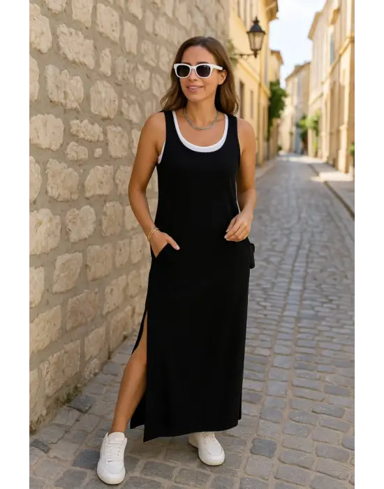 Kadın Yırtmaç Detaylı Viskon Kumaş Maxi Boy Cepli Iç Dahil Ikili Elbise