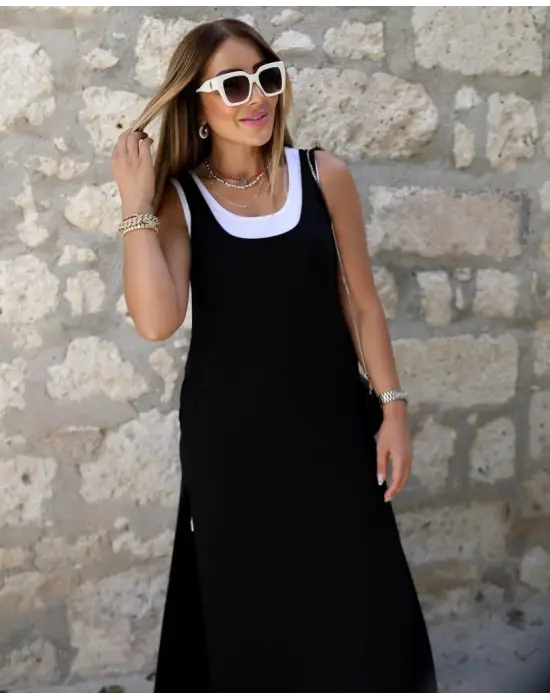 Kadın Yırtmaç Detaylı Viskon Kumaş Maxi Boy Cepli Iç Dahil Ikili Elbise