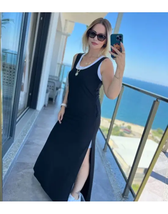 Kadın Yırtmaç Detaylı Viskon Kumaş Maxi Boy Cepli Iç Dahil Ikili Elbise