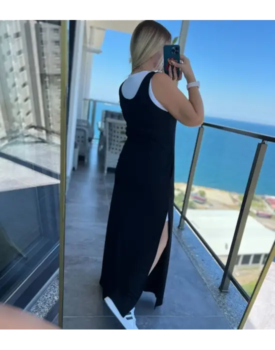 Kadın Yırtmaç Detaylı Viskon Kumaş Maxi Boy Cepli Iç Dahil Ikili Elbise