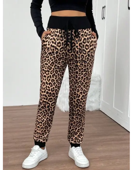 Kadın Yüksek Bel Bağcıklı Desenli Iki Iplik Pantolon