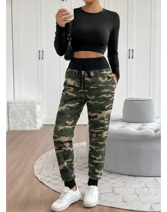 Kadın Yüksek Bel Bağcıklı Desenli Iki Iplik Pantolon