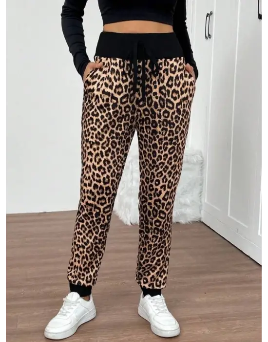 Kadın Yüksek Bel Bağcıklı Desenli Iki Iplik Pantolon