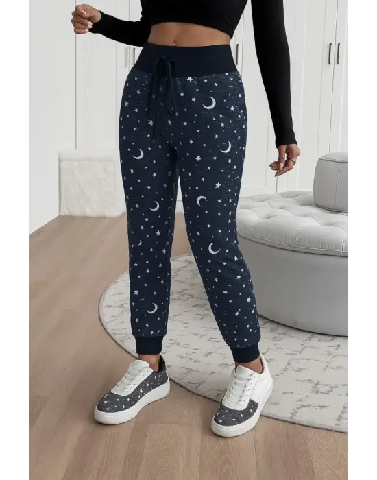 Kadın Yüksek Bel Bağcıklı Desenli Iki Iplik Pantolon