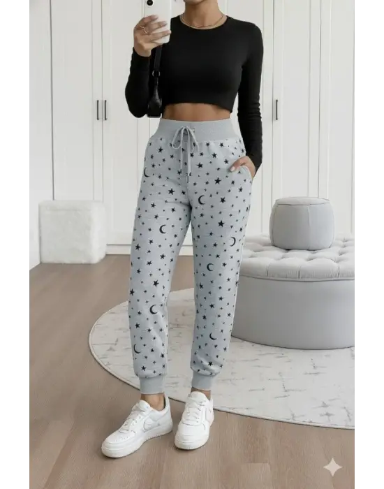 Kadın Yüksek Bel Bağcıklı Desenli Iki Iplik Pantolon