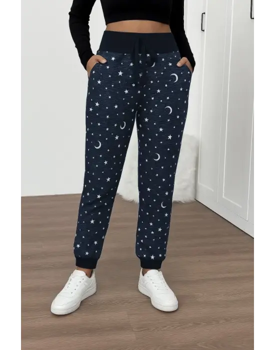 Kadın Yüksek Bel Bağcıklı Desenli Iki Iplik Pantolon